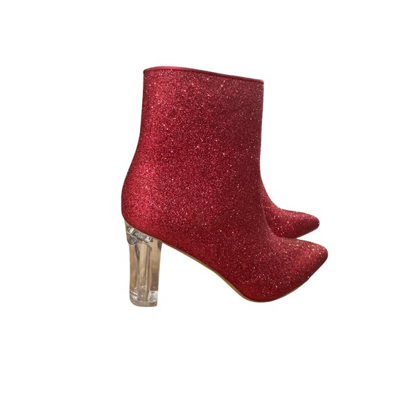 Pink Glitter Ankle Boots With Transparent Block Heels & Side Zippers For Women - Picture 8 of 8